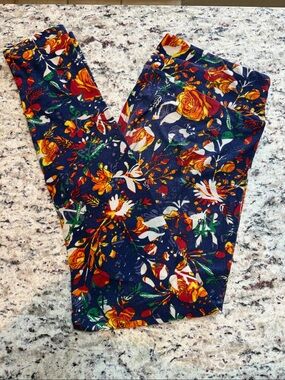 LuLaRoe Navy Floral Leggings with Orange, Yellow & Green